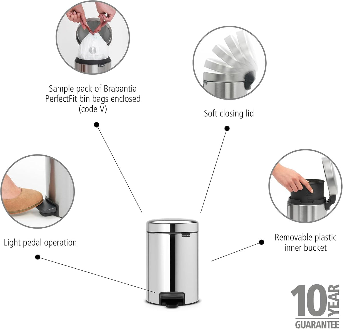 Brabantia NewIcon Pedal Bin 3L Brilliant Steel with Removable Plastic Inner Bucket, Soft-Close Lid
