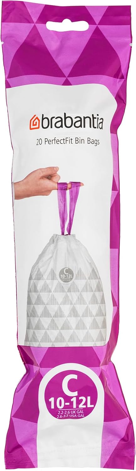 Brabantia PerfectFit Bin Liners Multipack (Size C/10-12 Litre) Thick Plastic Trash Bags with Tie Tape Drawstring Handles (200 Bags)