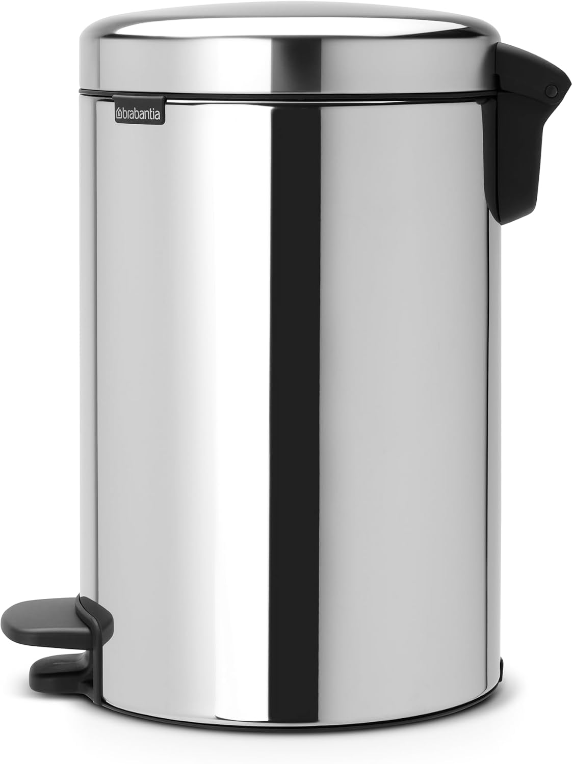 Silver trash can with black accents on a white background
