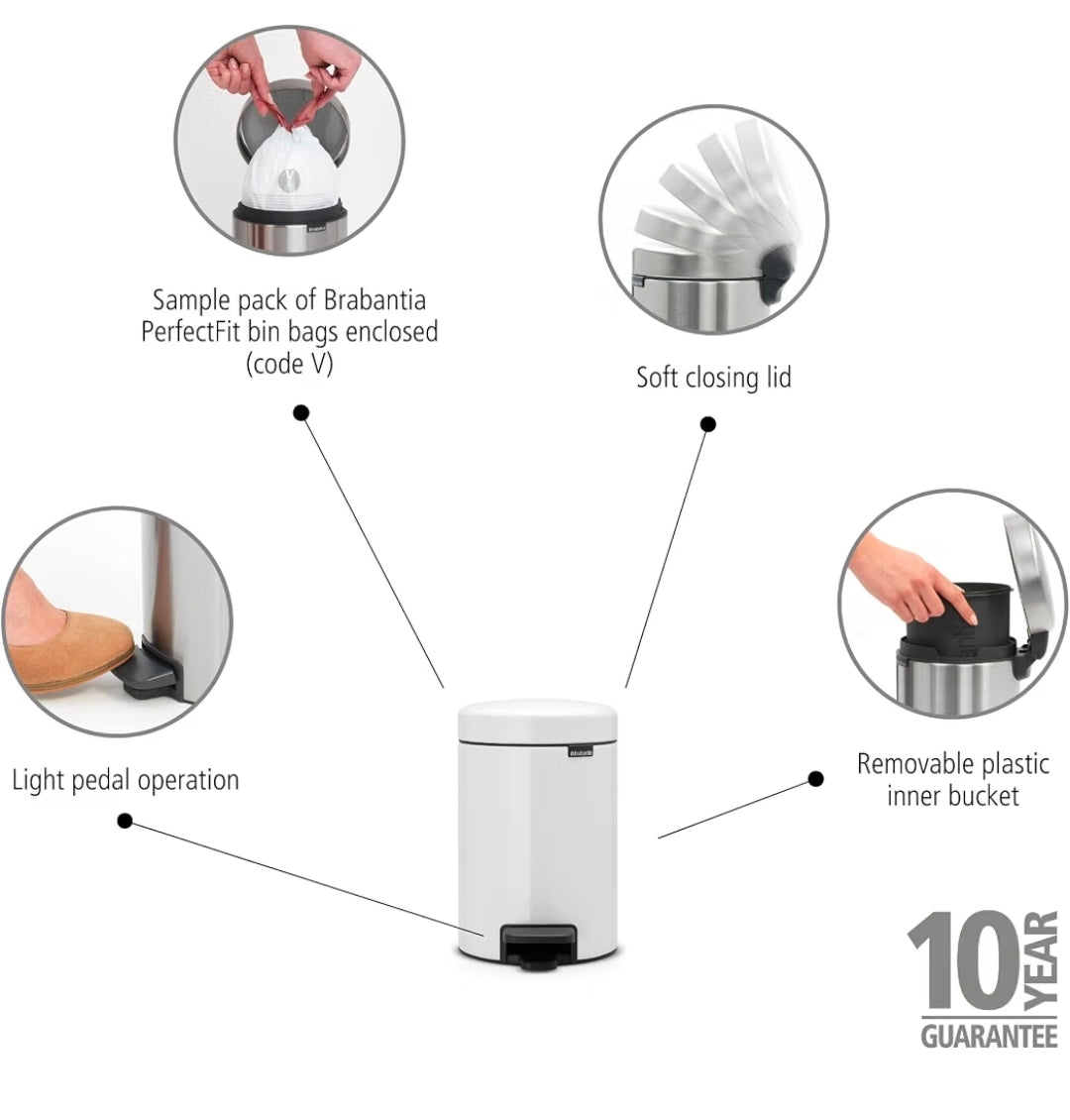 Brabantia Pedal Bin Newicon With Plastic Inner Bucket, 3 Litre White