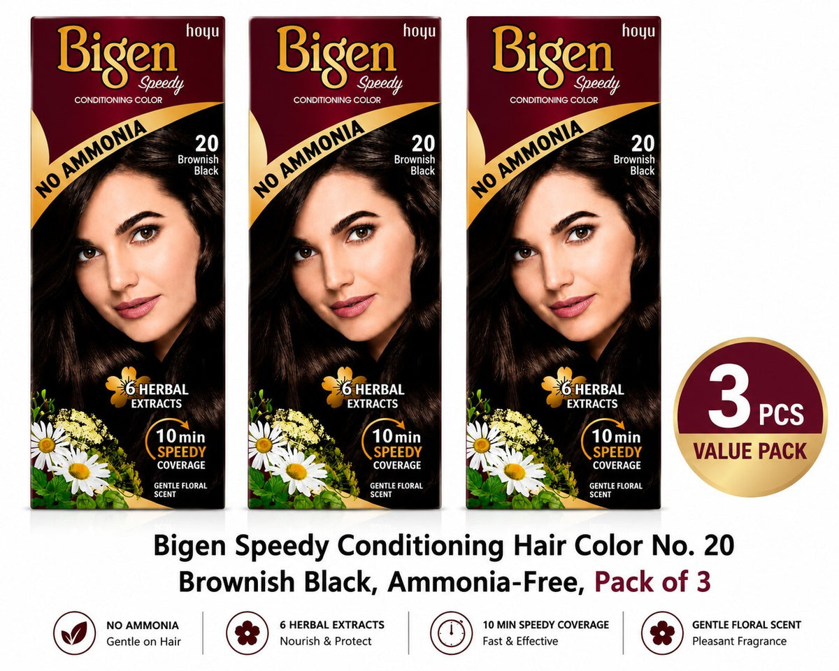 Bigen Speedy Conditioning Hair Color No. 20 Brownish Black, No Ammonia, 10-Minute Coverage, (Pack of 3)