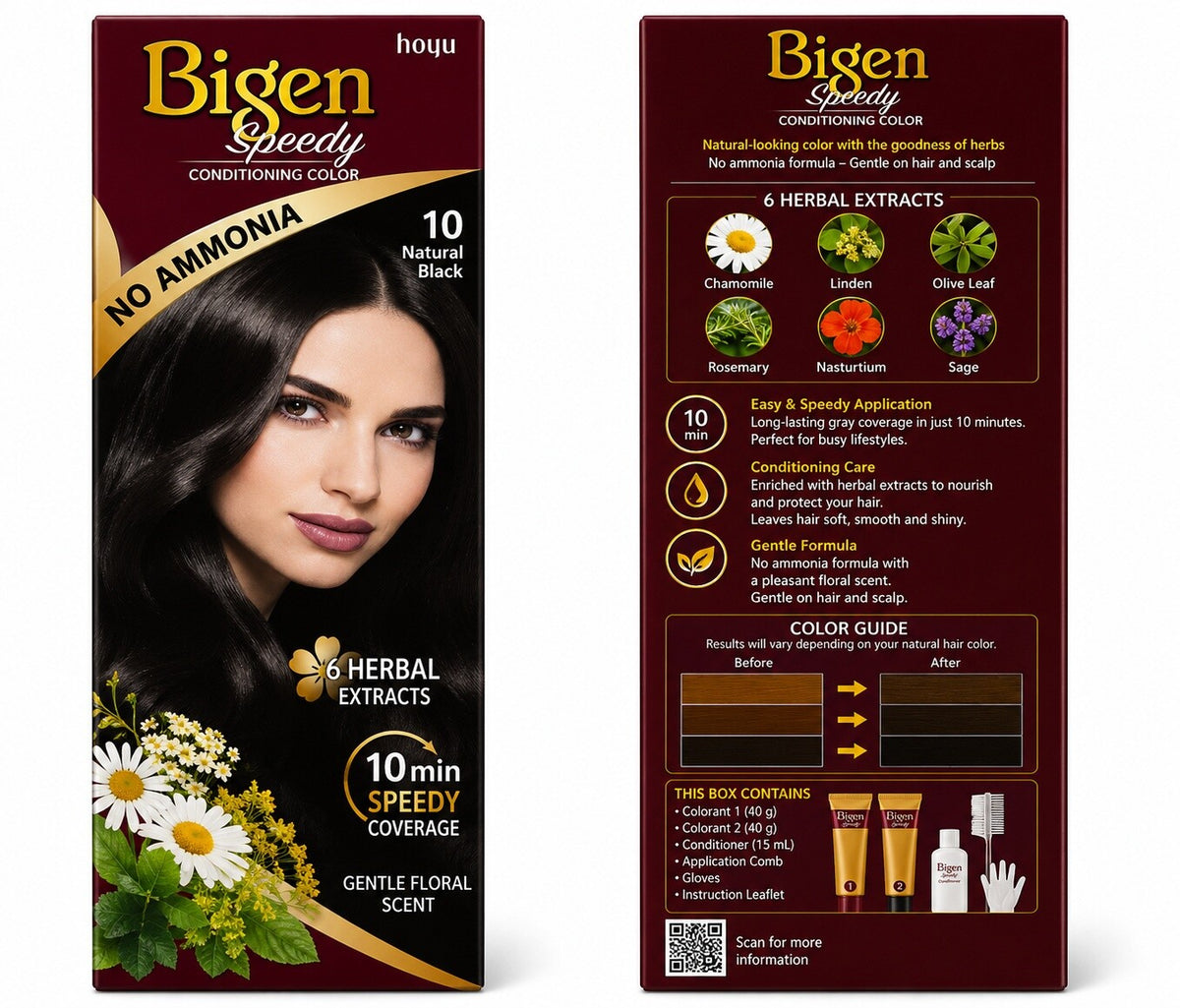 Bigen Speedy Hair Color Conditioner Natural Black No. 10, 80g, Fast Grey Coverage Hair Dye