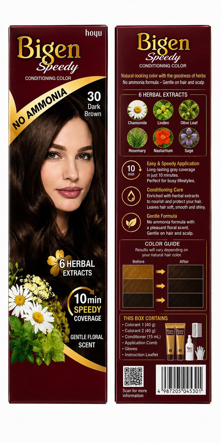 Bigen Speedy Conditioning Hair Color Dark Brown No. 30, No Ammonia, Gentle Floral Scent, Fast Grey Coverage