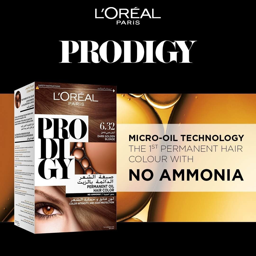 L’Oréal Paris Prodigy Permanent Oil Hair Color 6.32 Dark Golden Blonde, Ammonia-Free, Grey Coverage