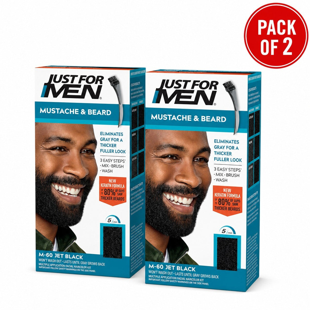 Just For Men Mustache & Beard Dye M-60 Jet Black with Application Brush, Biotin, Aloe and Coconut Oil, Pack of 2