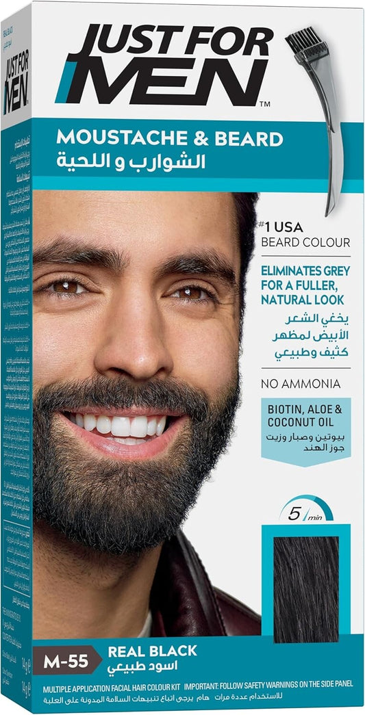 Just For Men Moustache & Beard Dye M55 Real Black, Men’s Facial Hair Colour for Grey Coverage, Pack of 3