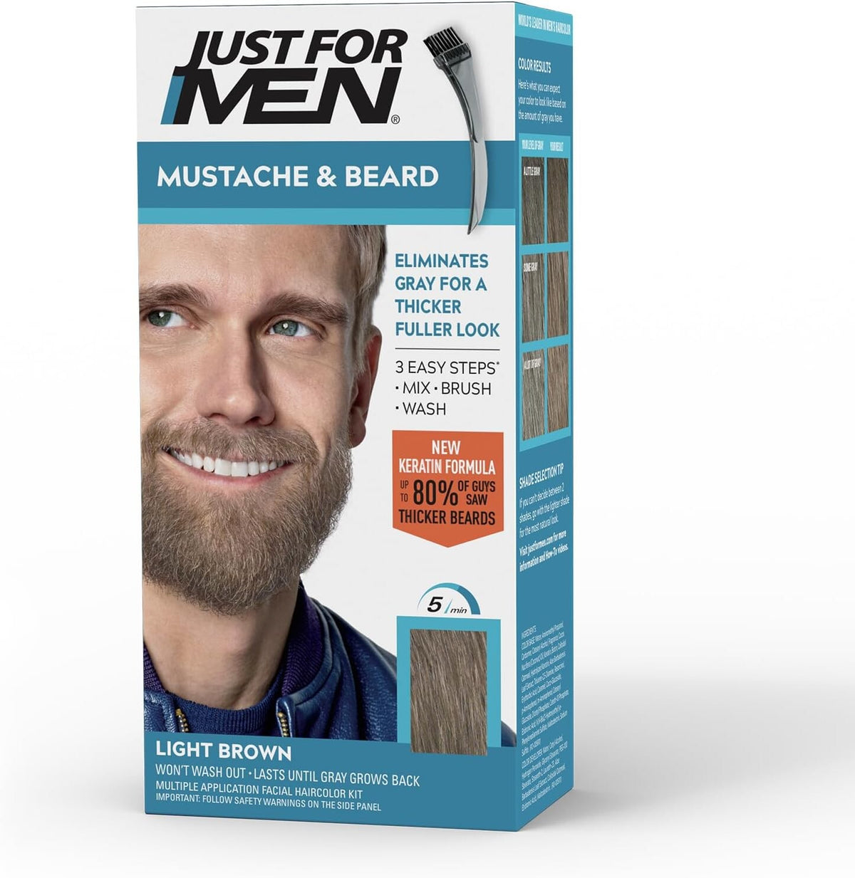 Just For Men Mustache & Beard, Beard Dye for Men with Brush Included for Easy Application, With Biotin Aloe and Coconut Oil for Healthy Facial Hair - Light Brown, M-25, Pack of 2