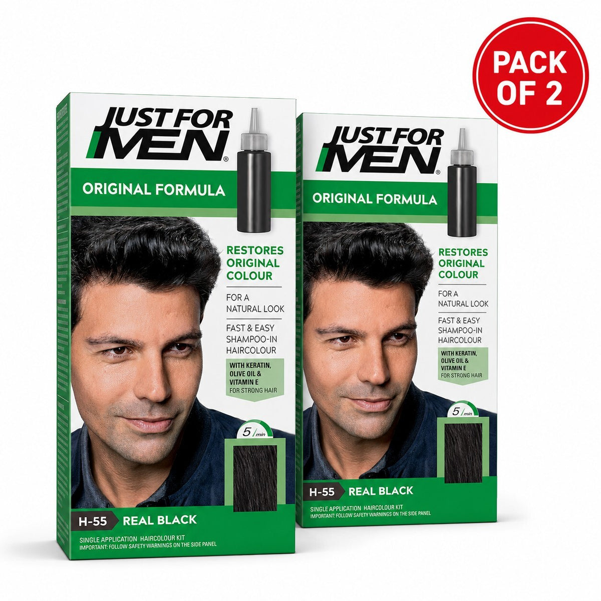 Just For Men Hair Colouring Kit H-55 Real Black, Men’s Grey Hair Colour, Pack of 2