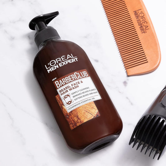 L’Oréal Paris Men Expert Barber Club 3-in-1 Beard, Hair & Face Wash with Cedarwood Essential Oil and Peppermint Extract, 200 ml, Pack of 2