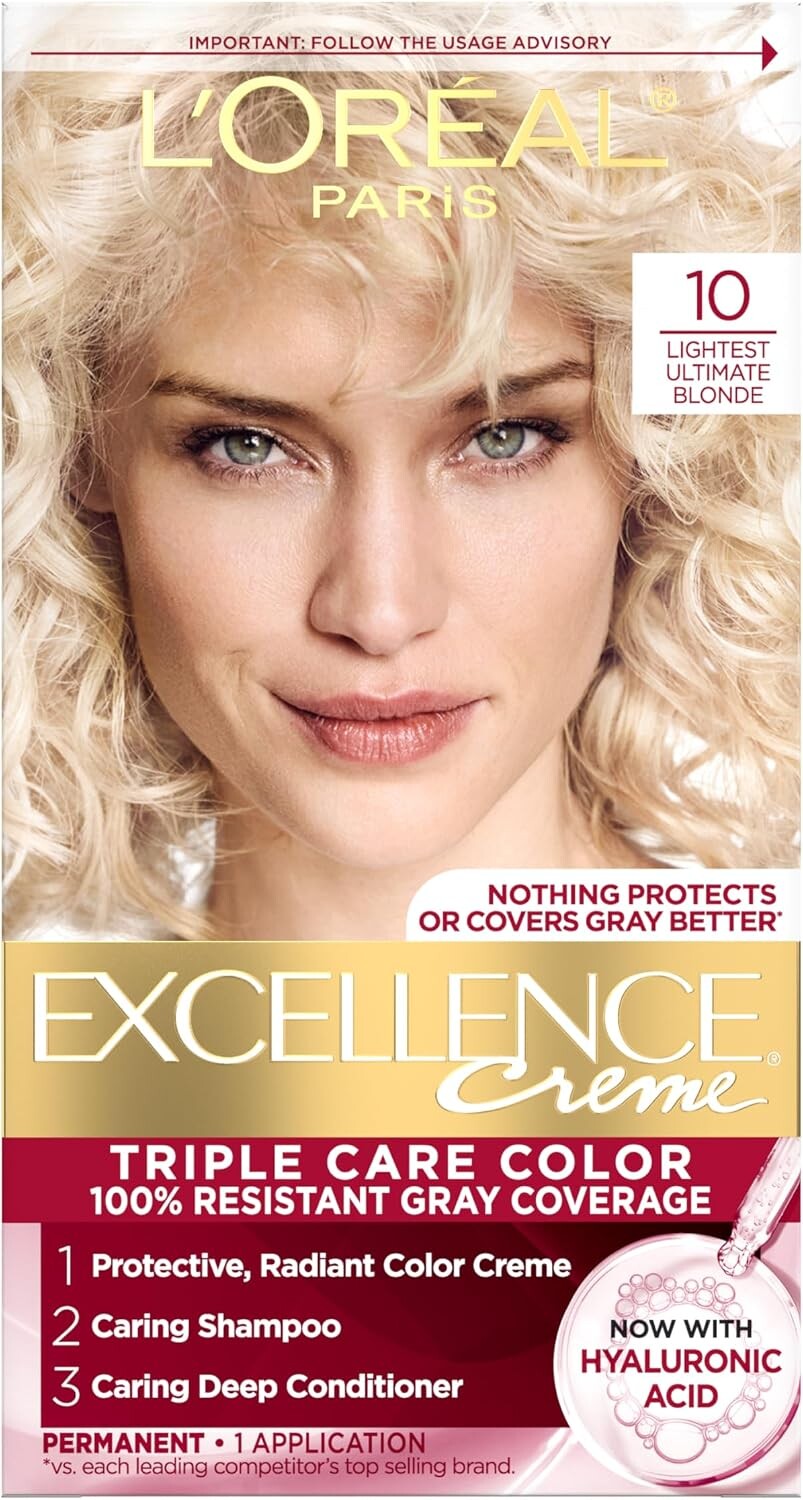 L’Oréal Paris Excellence Crème Permanent Triple Care Hair Colour, 10 Lightest Ultimate Blonde, Grey Coverage for Up to 8 Week