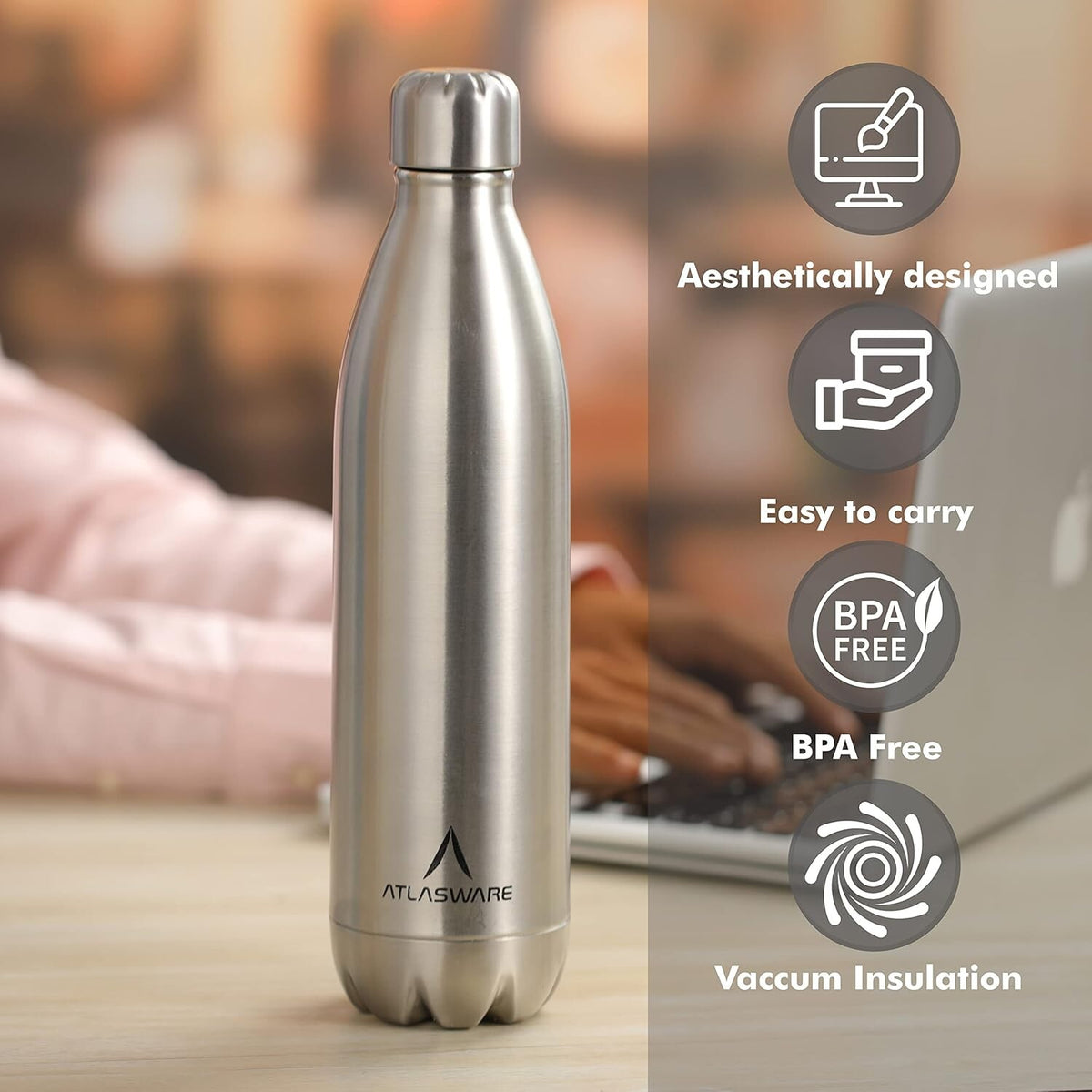 Atlasware Hot and Cold Vacuum Food-Grade Mould-Free Stainless Steel Water Bottle, Grey, 1000 ml