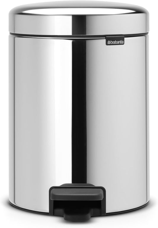 Brabantia NewIcon Pedal Bin 5L Brilliant Steel with Removable Plastic Inner Bucket, Soft-Close Lid