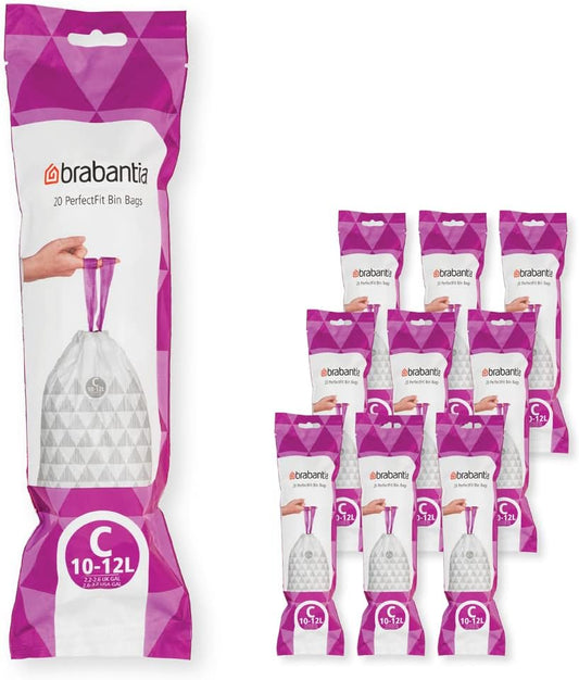 Brabantia PerfectFit Bin Liners Multipack (Size C/10-12 Litre) Thick Plastic Trash Bags with Tie Tape Drawstring Handles (200 Bags)