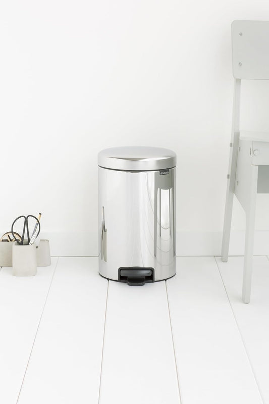 Brabantia NewIcon Pedal Bin 12L Brilliant Steel with Removable Plastic Inner Bucket, Soft-Close Lid