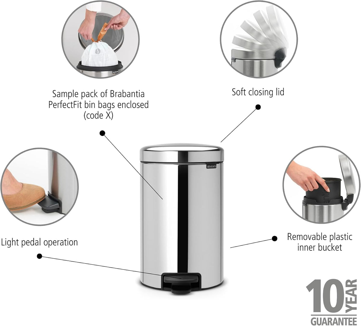 Brabantia NewIcon Pedal Bin 12L Brilliant Steel with Removable Plastic Inner Bucket, Soft-Close Lid