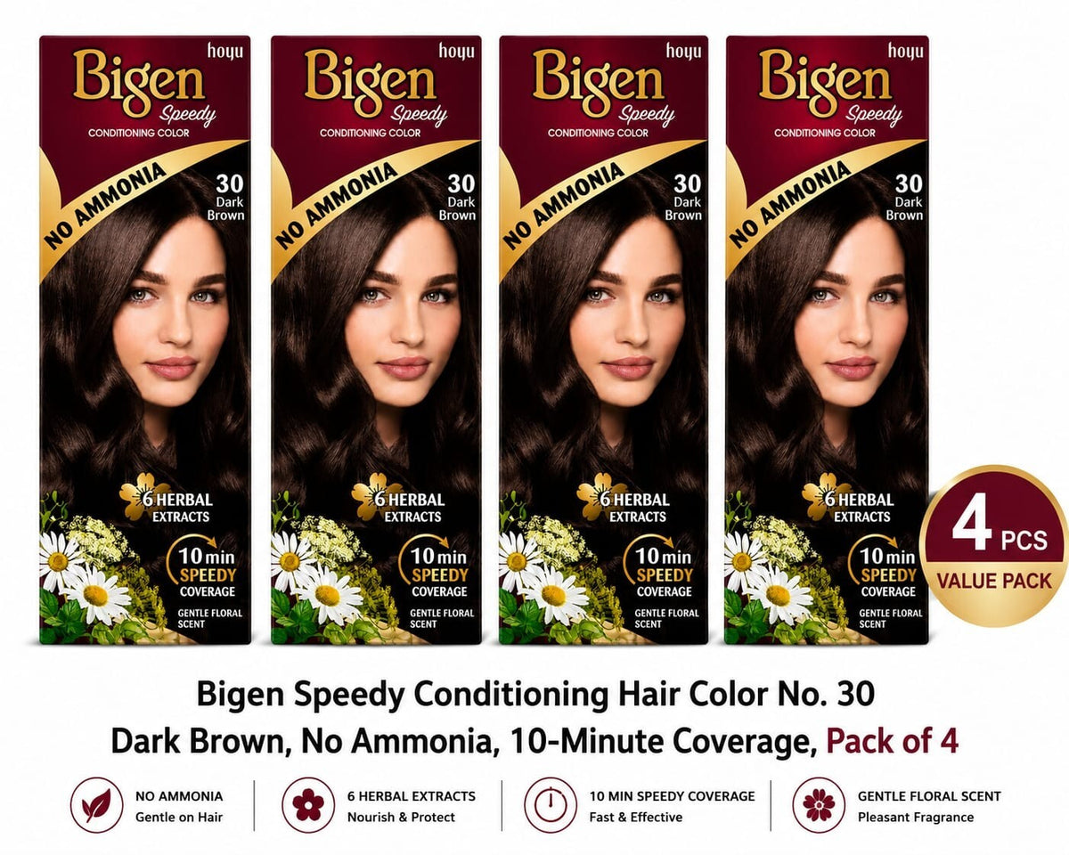 Bigen Speedy Conditioning Hair Color No. 30 Dark Brown, Pack of 4 No Ammonia, 10-Minute Coverage,