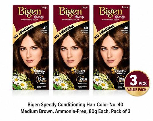 Bigen Speedy Conditioning Hair Color No. 40 Medium Brown, No Ammonia, 10-Minute Coverage, Pack of 3