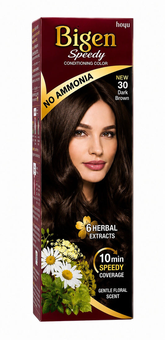 Bigen Speedy Conditioning Hair Color Dark Brown No. 30, No Ammonia, Gentle Floral Scent, Fast Grey Coverage