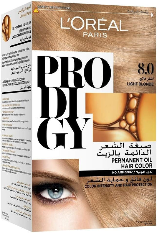 L’Oréal Paris Prodigy Permanent Oil Hair Color 8.0 Light Blonde, Ammonia-Free, Grey Coverage