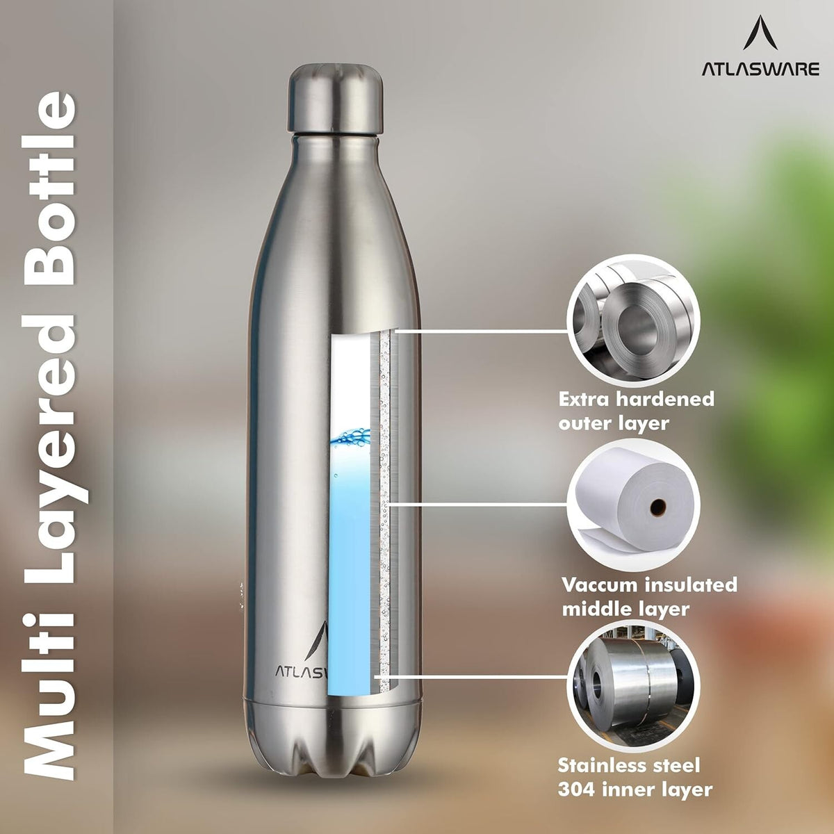 Atlasware Premium Unbreakable Stainless Steel Vacuum Flask Thermos, Double-Wall Insulated, Silver Color,500 ml