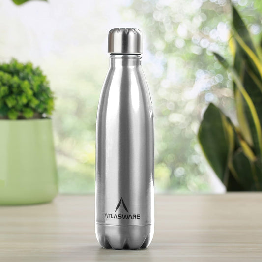 Atlasware Stainless Steel Hot & Cold Vacuum Bottle, Double-Wall Insulated and Leak-Resistant, Silver, 350 ml