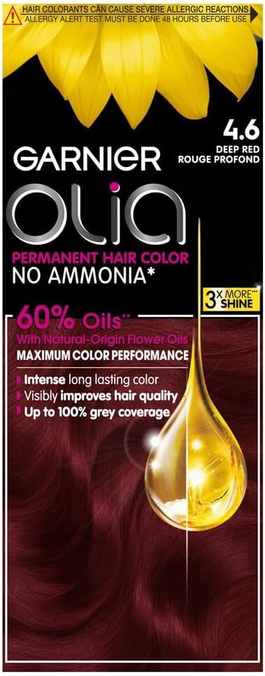 Garnier Olia Permanent Hair Dye 4.6 Deep Red, No Ammonia, 60% Oils, Long-Lasting Colour, Up to 100% Grey Coverage