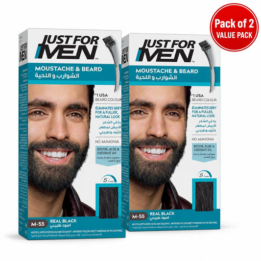 Just For Men Moustache & Beard Dye M55 Real Black, Men’s Facial Hair Colour for Grey Coverage, Pack of 2