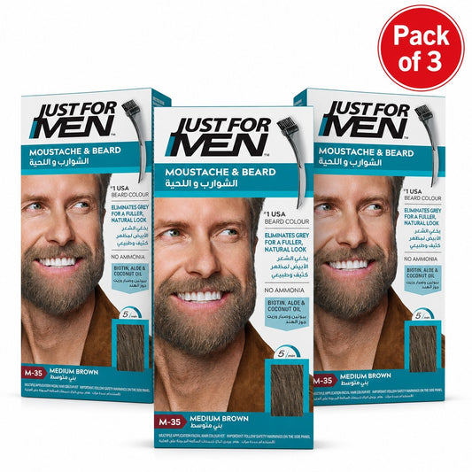 Just For Men Moustache & Beard Dye M-35 Medium Brown, Grey Hair Colour for Facial Hair, Pack of 3