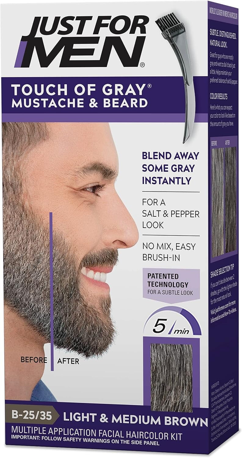 Just For Men Touch of Gray Mustache & Beard Colour B-25/35 Light & Medium Brown with Application Brush, Pack of 3