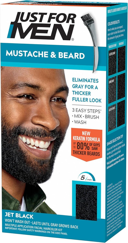 Just For Men Mustache & Beard Dye M-60 Jet Black with Application Brush, Biotin, Aloe and Coconut Oil, Pack of 3