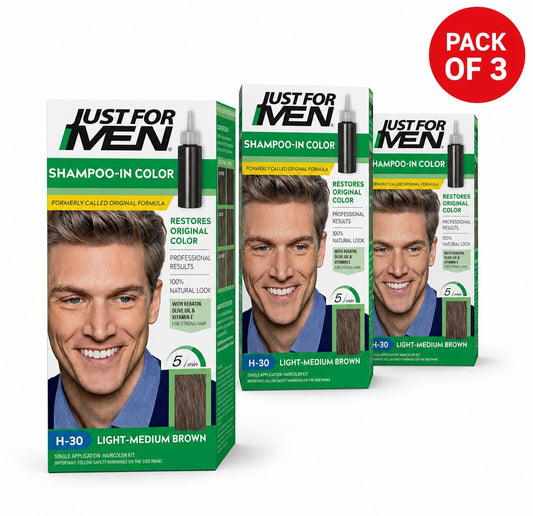Just For Men Shampoo-In Hair Colour H-30 Light-Medium Brown with Keratin and Vitamin E, Men’s Grey Hair Colouring Kit, Pack of 3