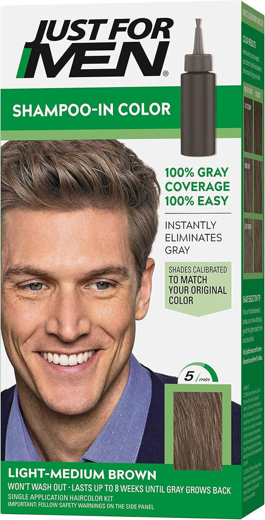 Just For Men Shampoo-In Hair Colour H-30 Light-Medium Brown with Keratin and Vitamin E, Men’s Grey Hair Colouring Kit, Pack of 3