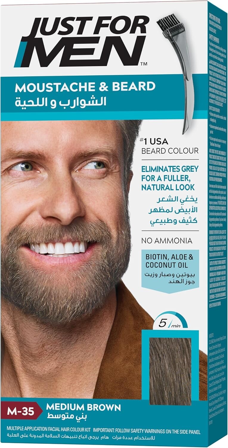 Just For Men Moustache & Beard Dye M-35 Medium Brown, Grey Hair Colour for Facial Hair, Pack of 3