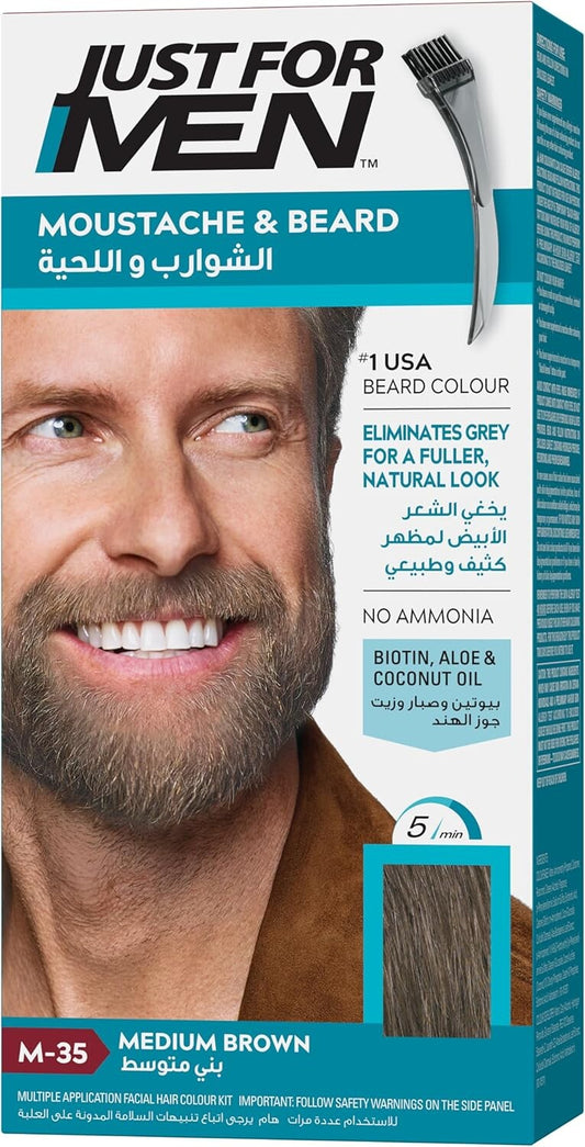 Just For Men Moustache & Beard Dye M-35 Medium Brown, Grey Hair Colour for Facial Hair, Pack of 3