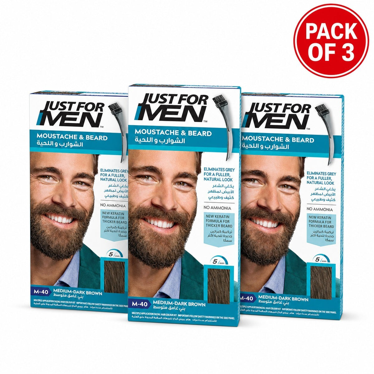 Just For Men Mustache & Beard Colour M-40 Medium Dark Brown, Men’s Facial Hair Dye, Pack of 3