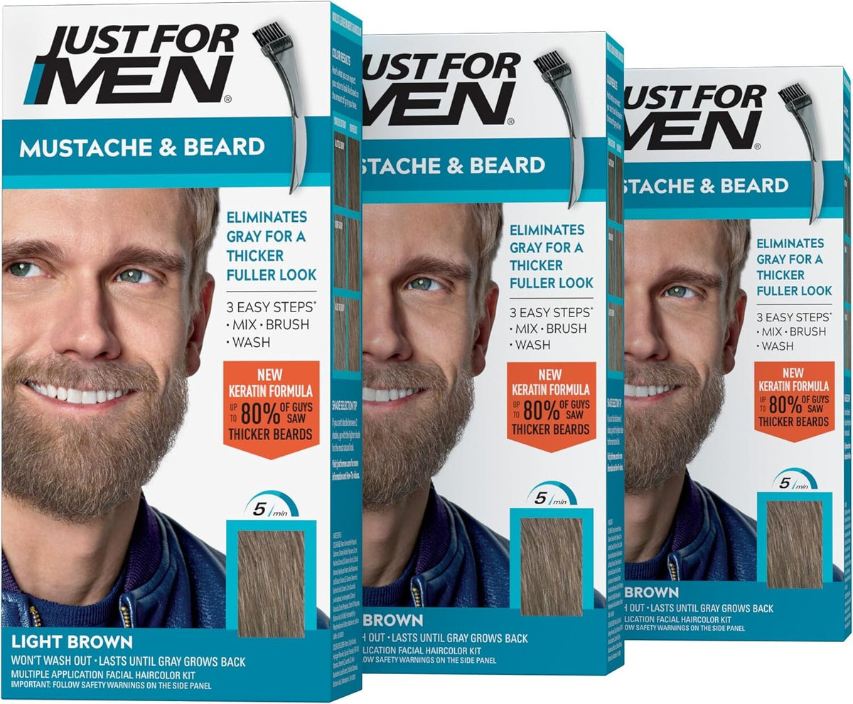 Just For Men Mustache & Beard Dye M-25 Light Brown with Application Brush, Biotin, Aloe and Coconut Oil, Pack of 3