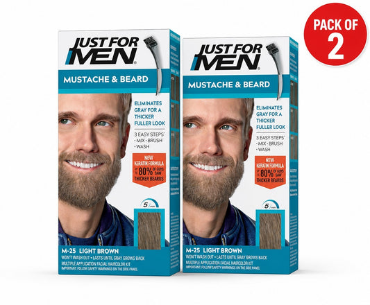 Just For Men Mustache & Beard, Beard Dye for Men with Brush Included for Easy Application, With Biotin Aloe and Coconut Oil for Healthy Facial Hair - Light Brown, M-25, Pack of 2