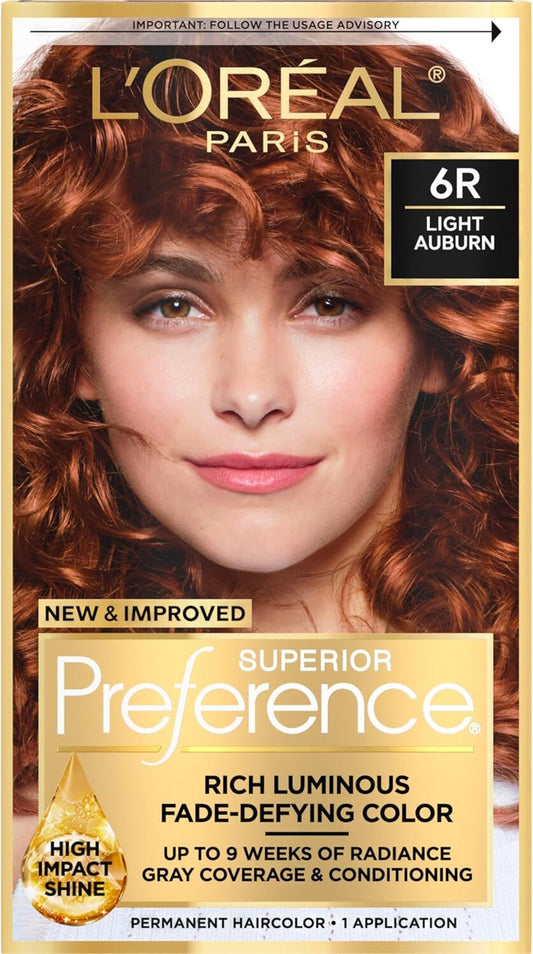 L’Oréal Paris Superior Preference Permanent Hair Color, 6R Light Auburn, Fade-Defying Colour with High-Shine Finish
