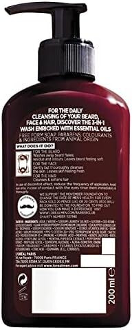 L’Oréal Paris Men Expert Barber Club 3-in-1 Beard, Face & Hair Cleanser with Cedarwood Essential Oil and Peppermint Extract, 200 ml
