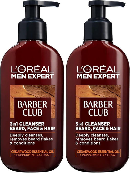 L’Oréal Paris Men Expert Barber Club 3-in-1 Beard, Hair & Face Wash with Cedarwood Essential Oil and Peppermint Extract, 200 ml, Pack of 2