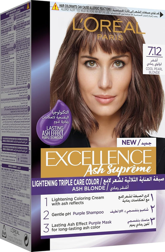 L’Oréal Paris Excellence Ash Supreme Anti-Brass Permanent Hair Colour, 7.12 Cool Pearl Blonde, 192 ml