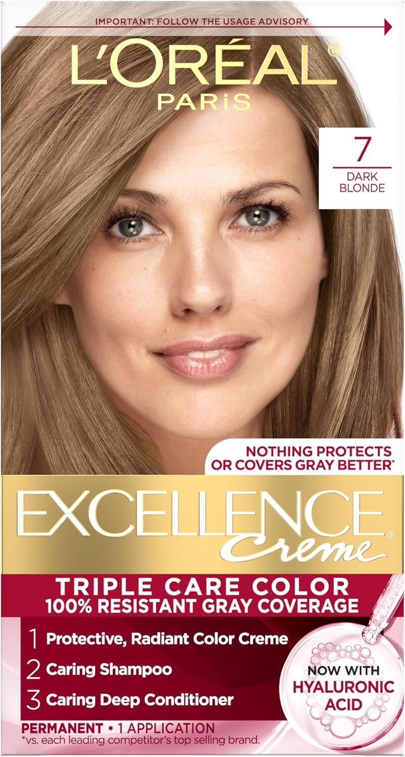 L’Oréal Paris Excellence Crème Permanent Triple Care Hair Colour, 7 Dark Blonde, Grey Coverage for Up to 8 Weeks, Pack of 1