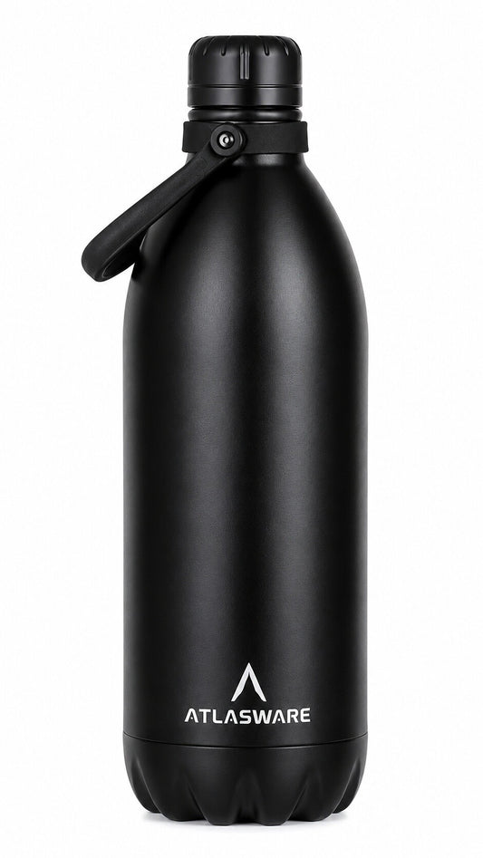 Atlasware Stainless Steel Vacuum Bottle with Carry Handle, Double-Wall Insulated and Leakproof, Black, 2000 ml