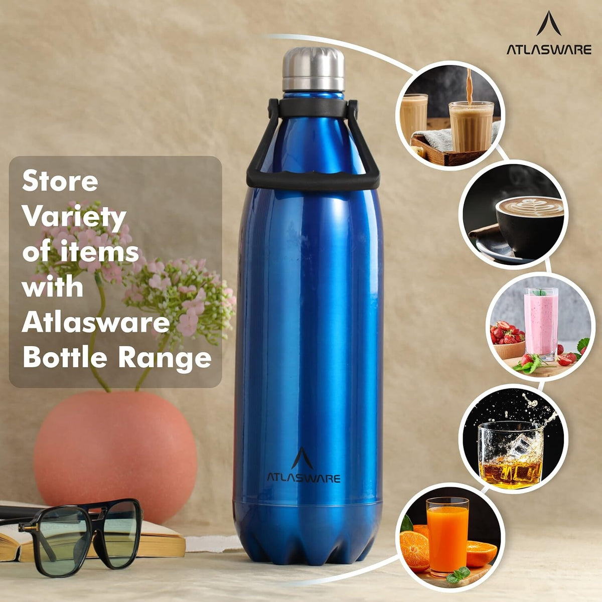 Atlasware Stainless Steel Vacuum Bottle with Carry Handle, Double-Wall Insulated and Leak-Resistant, Dark Blue, 1750 ml