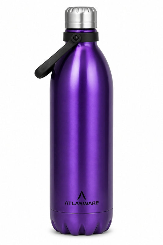 Atlasware Stainless Steel Vacuum Bottle with Carry Handle, Double-Wall Insulated and Leak-Resistant, Purple, 1750 ml